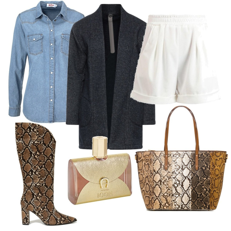 Outfit donna - Pitonato. Stile Casual chic per Serata fuori. Abbinamento con camicie, cappotti, shorts, stivali, borse a spalla, profumi.