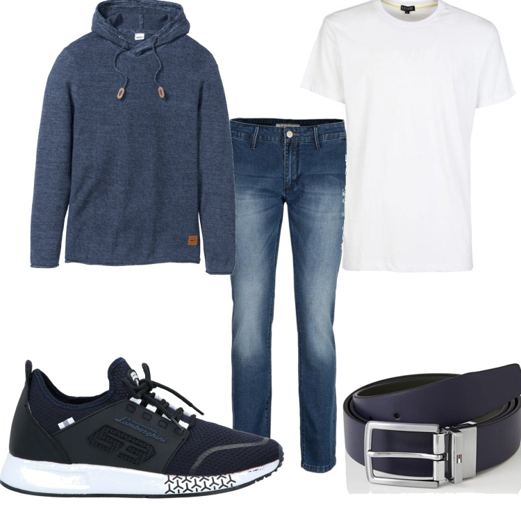 Outfit uomo - Jeans e felpa in libertà. Stile Casual per Tutti i giorni. Abbinamento con maglieria, sneakers, jeans slim fit, t-shirt, cinture.