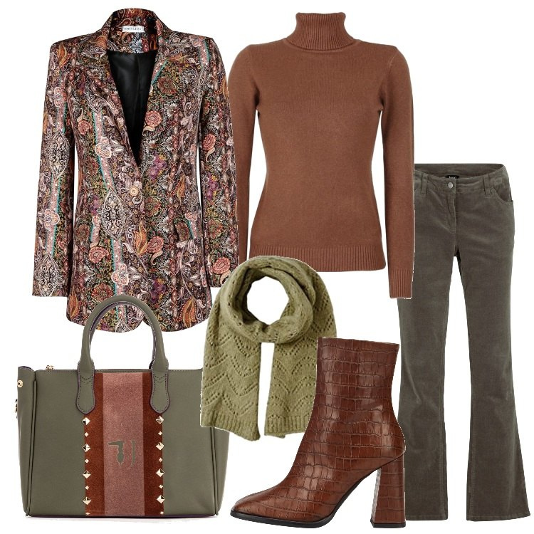 Outfit donna - Ritorno al lavoro - Focus Donna. Stile Basic per Ufficio. Abbinamento con pantaloni, stivaletti, blazer, maglieria, borse a mano, sciarpe.