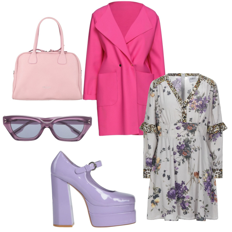 Outfit donna - Romantica in lilla e rosa. Stile Romantica per Tutti i giorni. Abbinamento con décolleté, vestiti corti, cappotti, borse a mano, occhiali da sole.