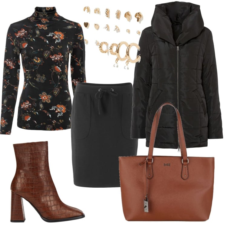 Outfit donna - Pronta per la giornata. Stile Casual chic per Tutti i giorni. Abbinamento con gonne, maglieria, giacche, stivaletti, borse a spalla, orecchini.