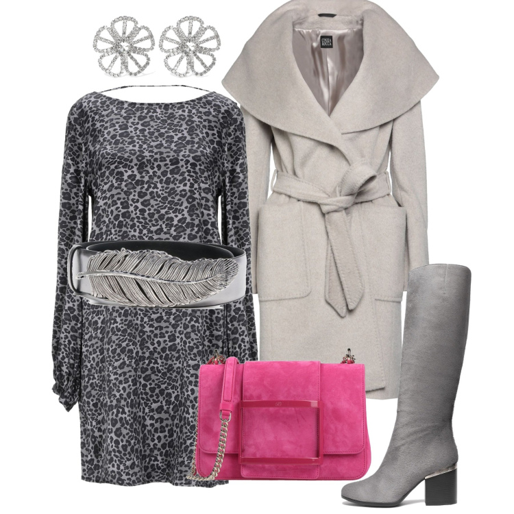 Outfit donna - Invito improvviso. Stile Chic per Serata fuori. Abbinamento con stivali, cappotti, vestiti corti, borse a tracolla, cinture, orecchini.