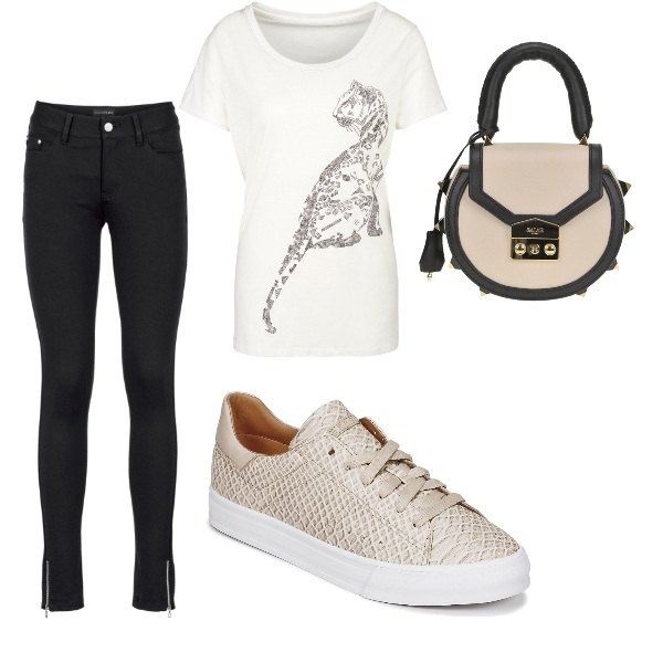 Outfit donna - Basic #13813. Stile Basic per Tutti i giorni. Abbinamento con pantaloni, scarpe con pizzo beige, t-shirt sport multicolore, borsa a tracolla mini maxi con borchie made italy.