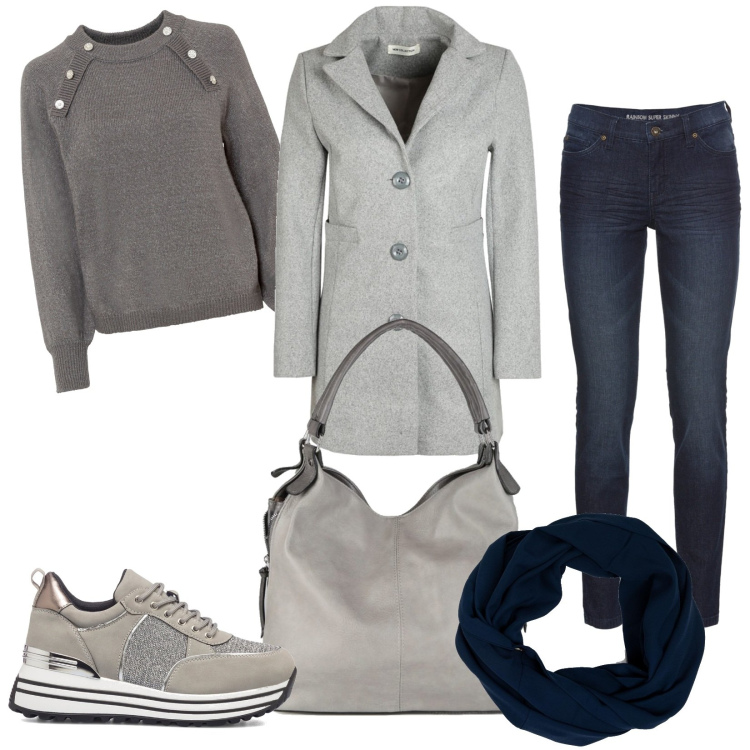 Outfit donna - Cappottino e sneakers. Stile Casual chic per Tutti i giorni. Abbinamento con jeans skinny, maglieria, cappotti, borse a spalla, foulard, sneakers.