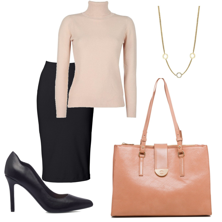 Outfit donna - Bon Ton #348. Stile Bon Ton per Ufficio. Abbinamento con gonne longuette, maglieria, collane, borse a spalla, décolleté.