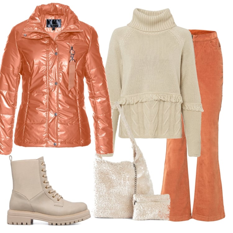 Outfit donna - Il colloalto particolare. Stile Casual per Tutti i giorni. Abbinamento con blazer, maglieria, pantaloni, shopping bag, anfibi.