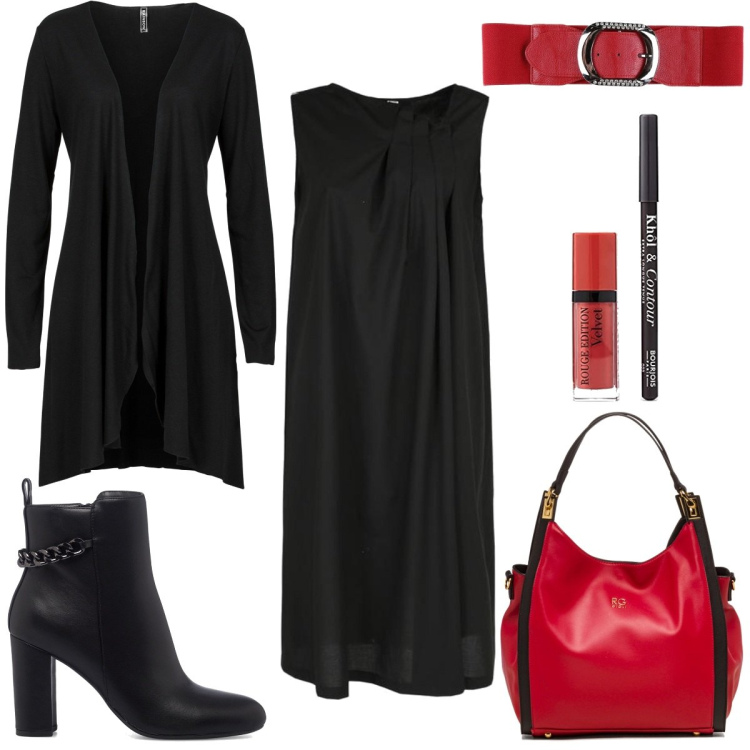 Outfit donna - Rosso e Nero in Ufficio. Stile Trendy per Ufficio. Abbinamento con cardigans, vestiti senza maniche, cinture, borse a spalla, stivaletti, profumi.