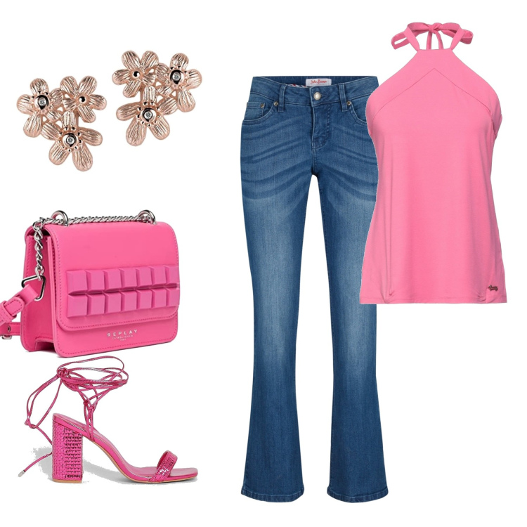 Outfit femme - Casual chic #1379. Style Casual chic pour Soirée dehors. Assortir avec jean bootcut, hauts, sacs besace, boucles d'oreilles, chaussures à talon.