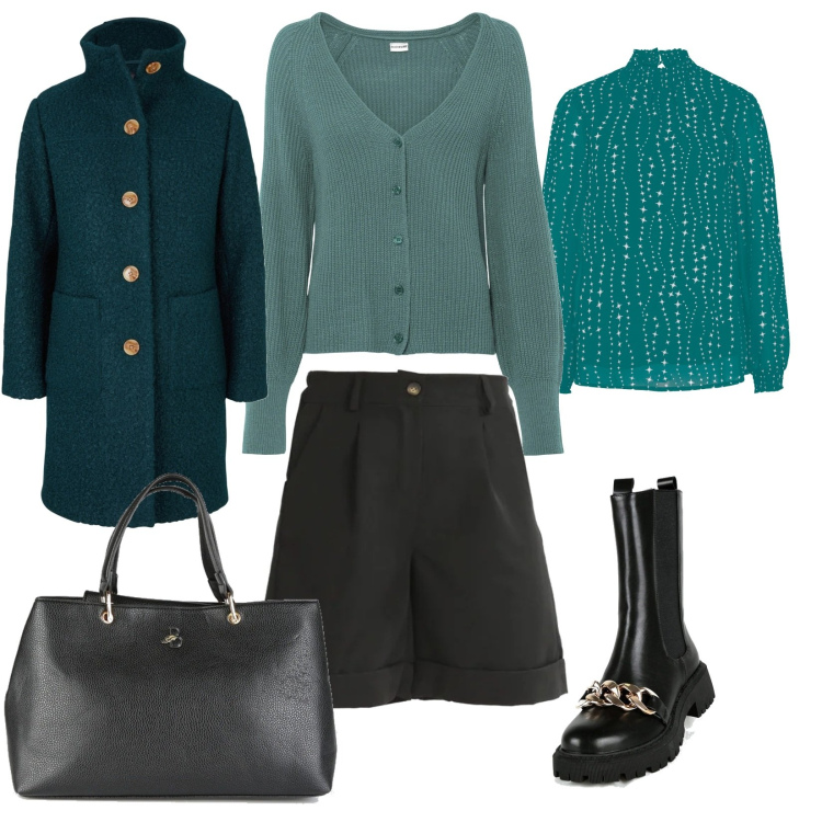 Outfit donna - Shorts in ufficio. Stile Casual per Ufficio. Abbinamento con cappotti, tuniche, cardigans, shorts, stivaletti, borse a mano.