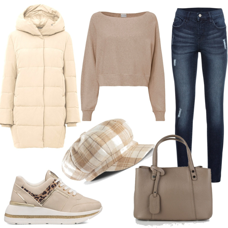 Outfit donna - Semplice e armoniosa. Stile Basic per Tutti i giorni. Abbinamento con jeans strappati, giacche, maglieria, cappelli con visiera, borse a mano, sneakers.