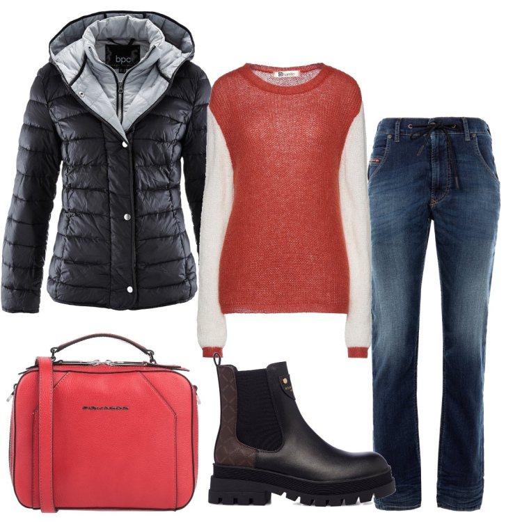 Outfit donna - Il freddo di gennaio. Stile Casual per Ufficio. Abbinamento con piumini, borse a tracolla, pullovers, jeans, stivaletti.