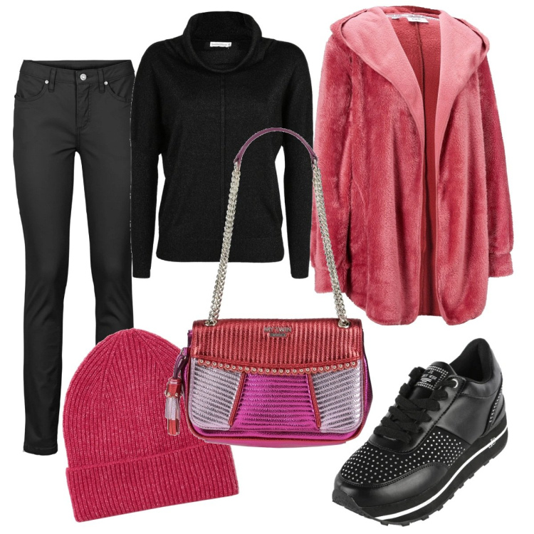 Outfit donna - Fragola. Stile Sporty chic per Tutti i giorni. Abbinamento con jeans, blazer, borse a spalla, sneakers, pullovers, cappelli con visiera.