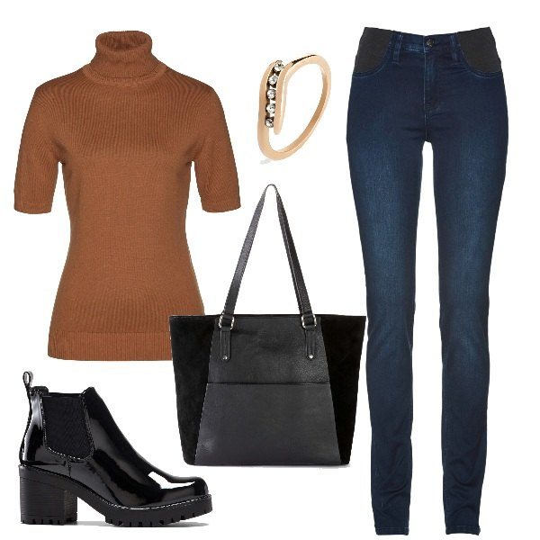Outfit donna - Total look #1509319. Stile Casual per Tutti i giorni. Abbinamento con jeans, maglieria, stivaletti, shopping bag, anelli.