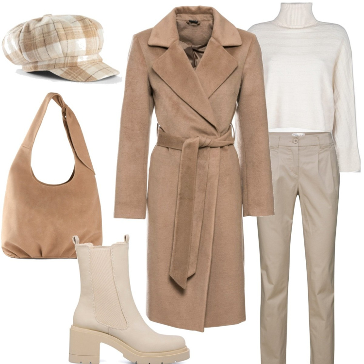 Outfit donna - Berretto morbido toni beige. Stile Basic per Tutti i giorni. Abbinamento con pantaloni chino, cappotti, borse a tracolla, cappelli con visiera, maglieria, stivaletti.
