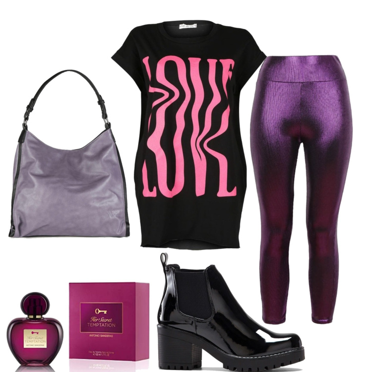 Outfit donna - Purple. Stile Trendy per Tutti i giorni. Abbinamento con stivaletti, t-shirt, leggings, borse a spalla, profumi.