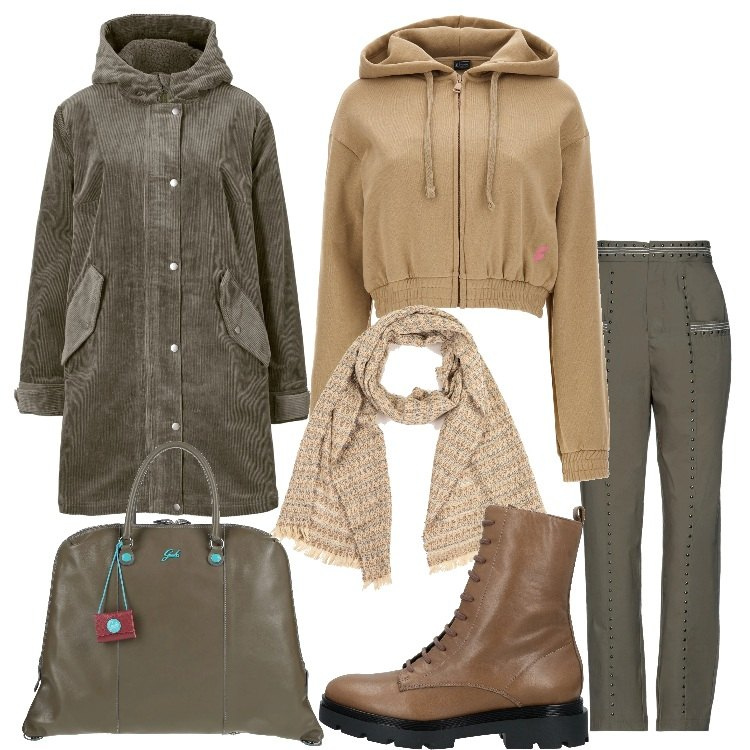 Outfit donna - Casual all\'università. Stile Casual per Scuola/Università. Abbinamento con parka, pantaloni, borse a mano, stivaletti, sciarpe, felpe con cappuccio.