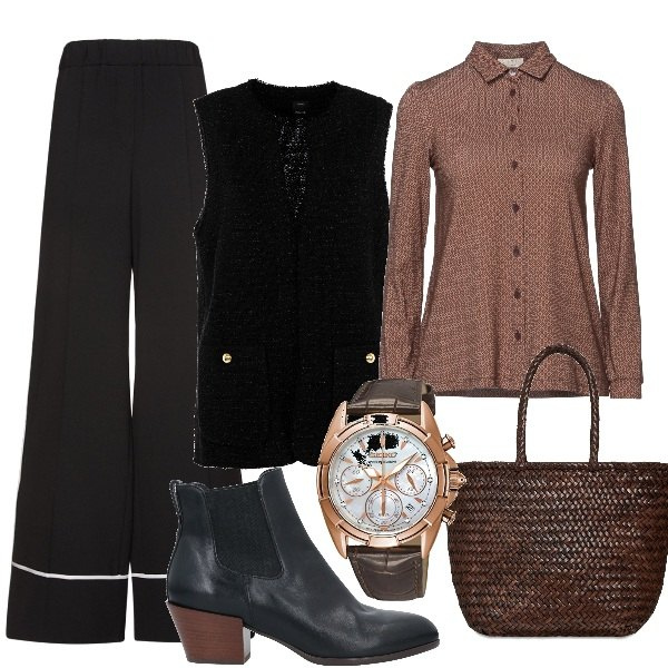 Outfit donna - Puntuale in ufficio. Stile Bon Ton per Ufficio. Abbinamento con stivaletti, camicie, gilet, pantaloni, borse a secchiello, orologi.