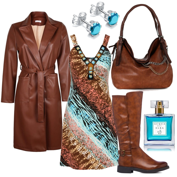 Outfit donna - Traces of the sea. Stile Casual chic per Serata fuori. Abbinamento con vestiti, trench, borse a spalla, orecchini, stivali, profumi.
