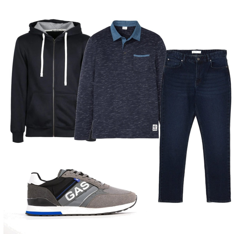 Outfit uomo - Total look #1509665. Stile Trendy per Tutti i giorni. Abbinamento con polo, felpe con cappuccio, sneakers, jeans.