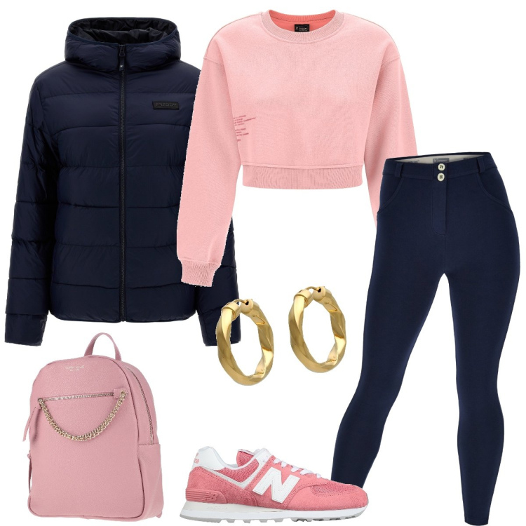 Outfit donna - Total look #1509775. Stile Casual per Scuola/Università. Abbinamento con sneakers, orecchini, zaini, pantaloni skinny, piumini, felpe.