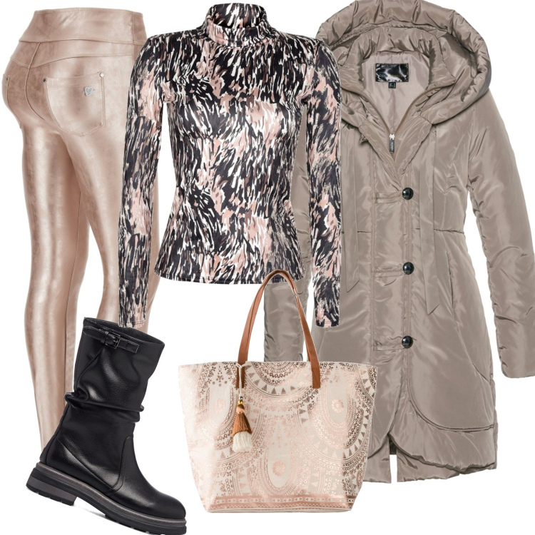 Outfit donna - Cioccolata calda. Stile Trendy per Tutti i giorni. Abbinamento con blazer, shopping bag, t-shirt, pantaloni skinny, stivali.