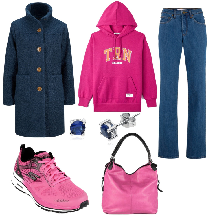 Outfit donna - All\'università con il fucsia di moda. Stile Casual per Scuola/Università. Abbinamento con cappotti, jeans, felpe con cappuccio, sneakers, borse a spalla, orecchini.