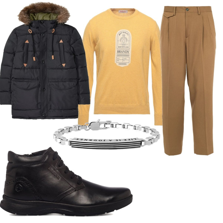Outfit uomo - Pantalone marrone. Stile Casual per Tutti i giorni. Abbinamento con giacche, pullovers, pantaloni, braccialetti, stivali e stivaletti.