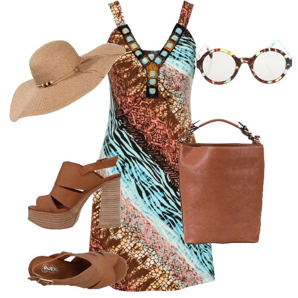 Outfit donna - Giorno d\'estate. Stile Etnico per Tutti i giorni. Abbinamento con vestiti, shopping bag, cappello in paglia, sandali con tacco geometrico e cinturino con punta quadrata in pelle sintetica tinta unita, occhiali da sole e montature per occhiali da vista effetto acetato.