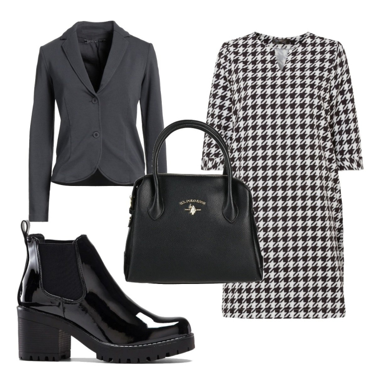 Outfit donna - Total look #1510420. Stile Trendy per Tutti i giorni. Abbinamento con stivaletti, vestiti a tubino, borse a mano, blazer.