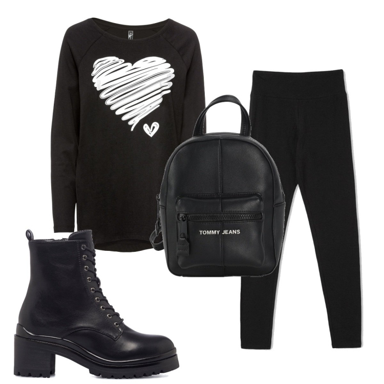 Outfit donna - Total look #1510456. Stile Basic per Scuola/Università. Abbinamento con maglieria, zaini, leggings, anfibi.