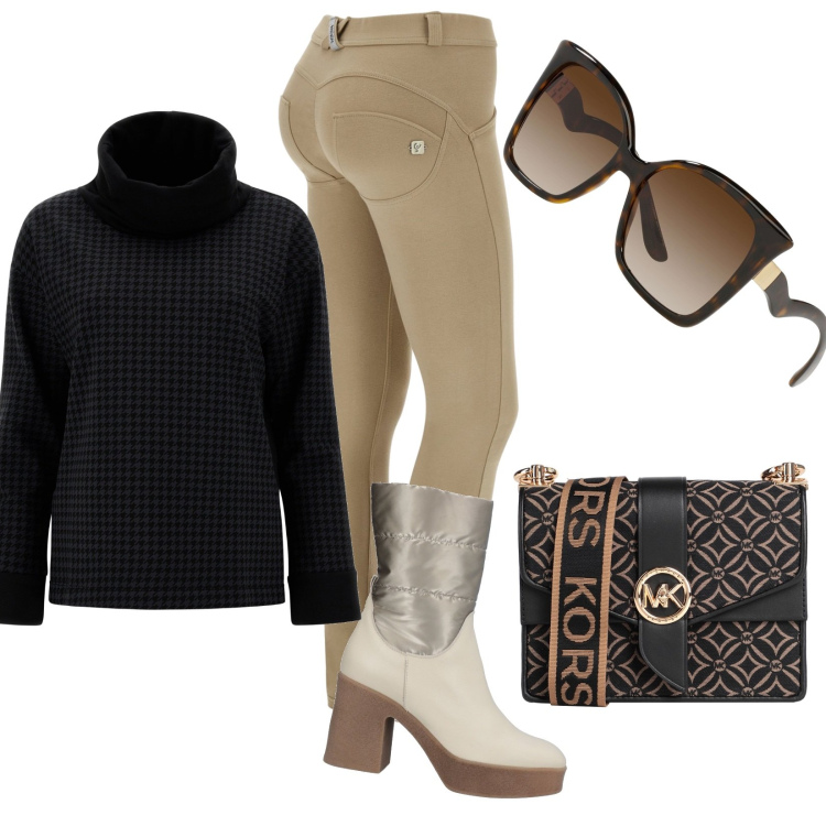 Outfit donna - Pullover collo alto. Stile Basic per Tutti i giorni. Abbinamento con borse a tracolla, stivaletti, occhiali da sole, pantaloni skinny, felpe.