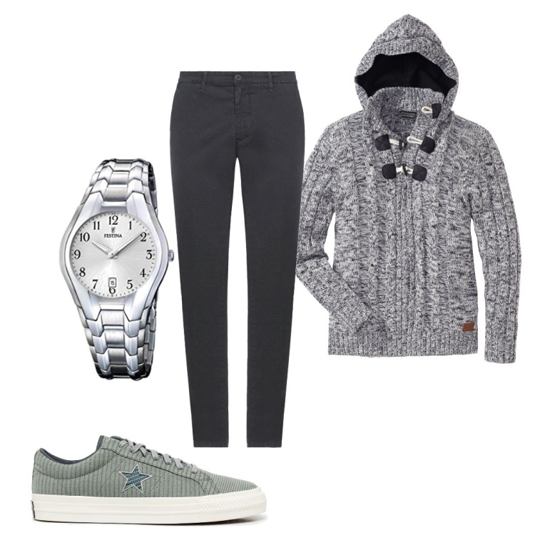 Outfit uomo - A metà tra lo sportivo e l\'elegante. Stile Urban per Tutti i giorni. Abbinamento con maglieria, pantaloni, sneakers, orologi.