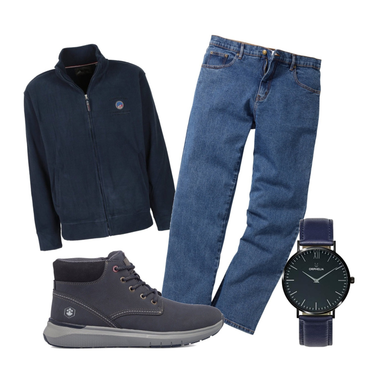 Outfit uomo - Gamma di blu. Stile Urban per Tutti i giorni. Abbinamento con jeans dritti, felpe, stivali e stivaletti, orologi analogici.