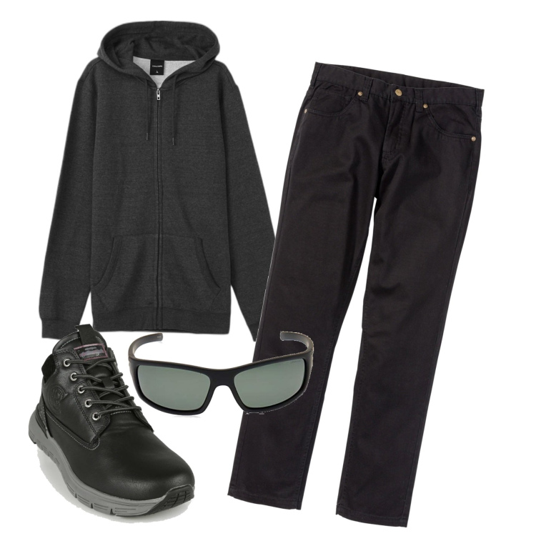 Outfit uomo - Black streetwear. Stile Urban per Tutti i giorni. Abbinamento con pantaloni, stivali e stivaletti, felpe con cappuccio, occhiali da sole.