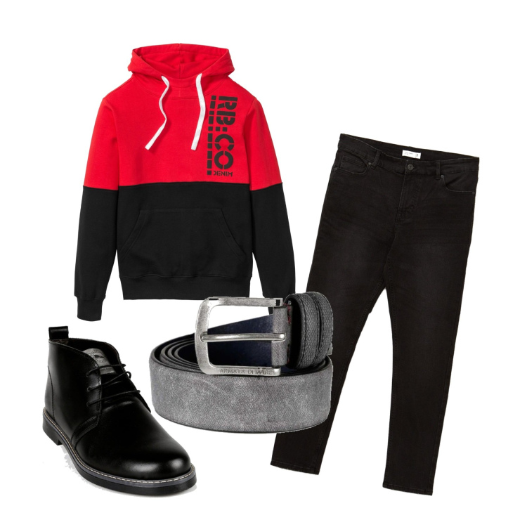 Outfit uomo - Rosso brillante. Stile Trendy per Tutti i giorni. Abbinamento con felpe con cappuccio, stivali e stivaletti, cinture, jeans skinny.