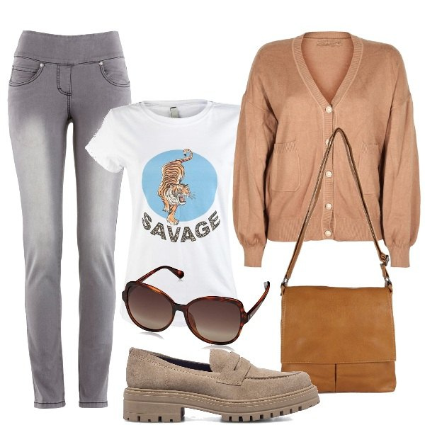 Outfit donna - A scuola. Stile Trendy per Scuola/Università. Abbinamento con jeans slim fit, cardigans, t-shirt, borse a tracolla, mocassini, occhiali da sole.