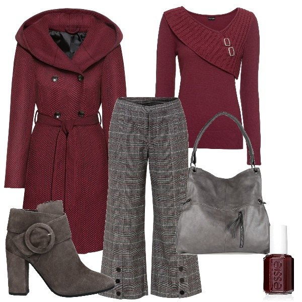 Outfit donna - Plus size: stile con tacco comodo. Stile Trendy per Tutti i giorni. Abbinamento con cappotti, maglieria, pantaloni culotte, stivaletti, borse a spalla, smalti.