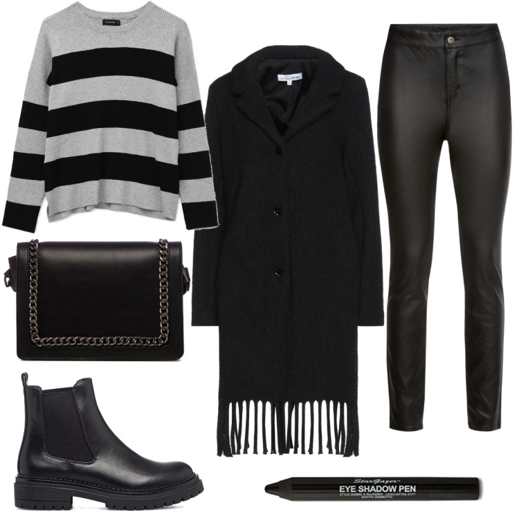 Outfit donna - Al Pub con gli amici!. Stile Basic per Serata fuori. Abbinamento con pantaloni, cappotti, maglieria, stivaletti, borse a tracolla, ombretti.
