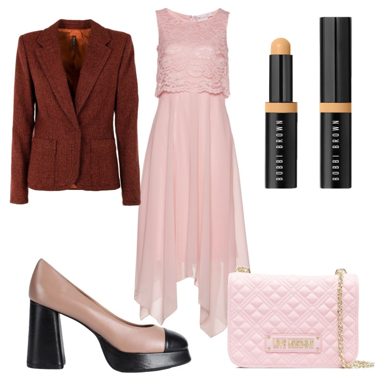 Outfit donna - Un compleanno speciale. Stile Trendy per Cerimonia. Abbinamento con vestiti midi/longuette, décolleté, giacche, borse a tracolla, correttori.