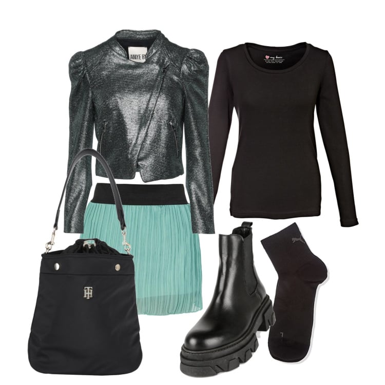 Outfit donna - Ghost outfitter - viro al verde. Stile Trendy per Tutti i giorni. Abbinamento con borse a mano, blazer, maglieria, minigonne, stivaletti, calzini.