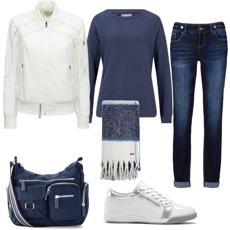 Outfit donna - Bianco e blu. Stile Urban per Tutti i giorni. Abbinamento con jeans boyfriend, borse a tracolla, felpe, sneakers, giacche, sciarpe.