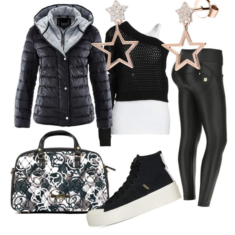 Outfit donna - Stelle in città. Stile Urban per Tutti i giorni. Abbinamento con piumini, pullovers, orecchini, borse a mano, pantaloni skinny, sneakers.