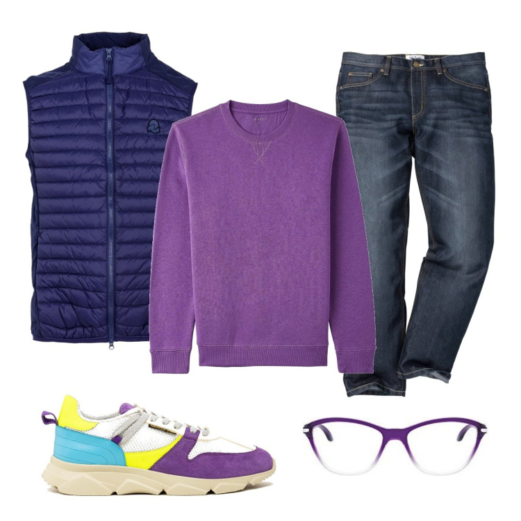 Outfit uomo - Casual #1263. Stile Casual per Tutti i giorni. Abbinamento con jeans dritti, felpe, sneakers, piumini, occhiali da sole.