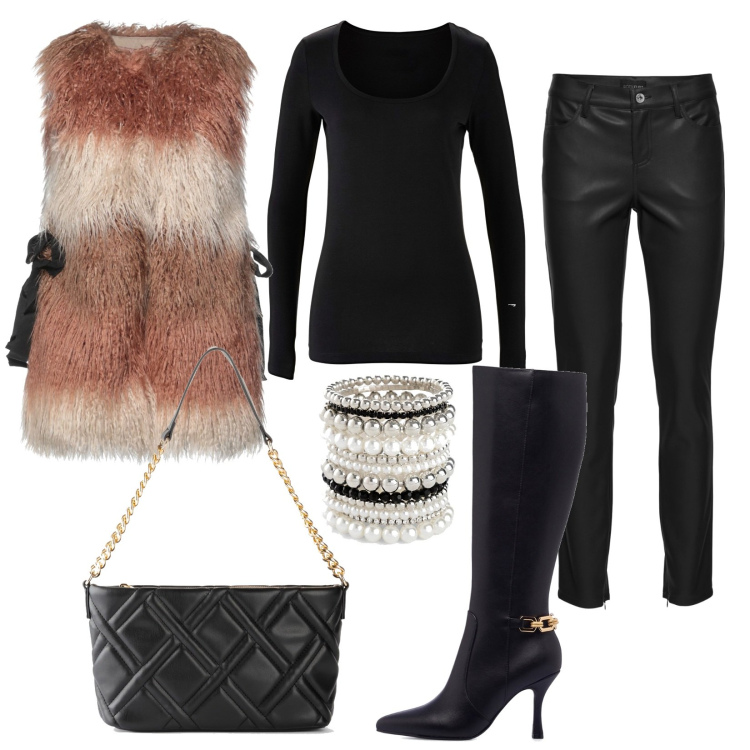 Outfit donna - Ecopelliccia ed ecopelle. Stile Rock per Serata fuori. Abbinamento con t-shirt sportive, braccialetti, pantaloni, borse a mano, cappotti, stivali sopra il ginocchio.