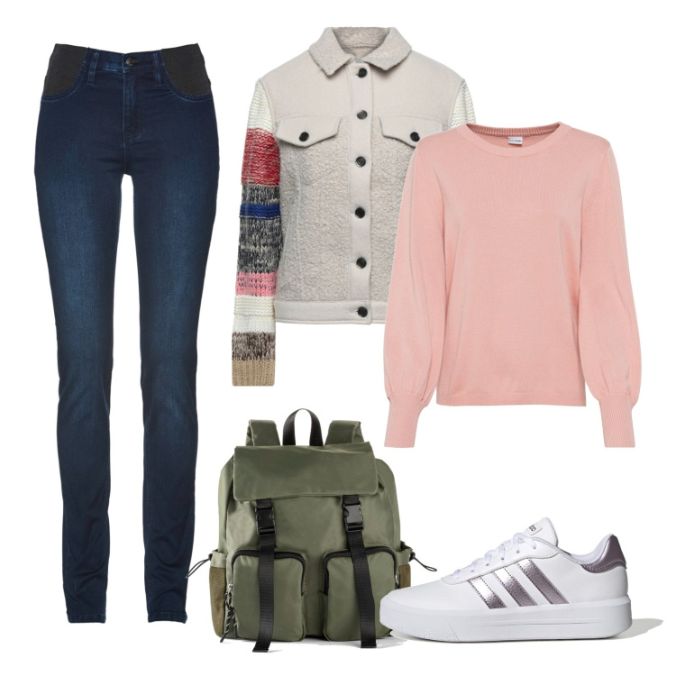 Outfit donna - Giornata di studio (veg ok). Stile Casual per Scuola/Università. Abbinamento con jeans, maglieria, zaini, giacche, sneakers.