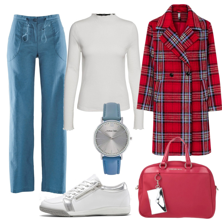 Outfit donna - Ora studio. Stile Trendy per Scuola/Università. Abbinamento con pantaloni a palazzo, cappotti, sneakers, borse a mano, top, orologi.