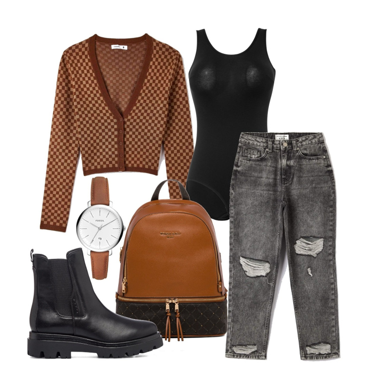 Outfit donna - Ghost outfitter - jeans strappati. Stile Casual per Tutti i giorni. Abbinamento con body, cardigans, jeans mom, zaini, anfibi, orologi.