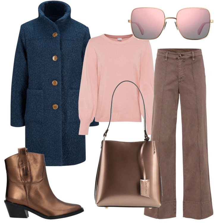 Outfit donna - Laminated Brown & Peach. Stile Bon Ton per Ufficio. Abbinamento con cappotti, pantaloni, maglieria, borse a mano, stivaletti, occhiali da sole.
