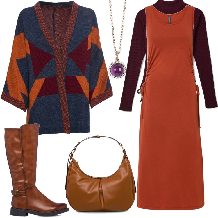 Outfit donna - Tempo libero. Stile Boho per Tutti i giorni. Abbinamento con maglieria, vestiti, t-shirt, collane, stivali, borse a spalla.