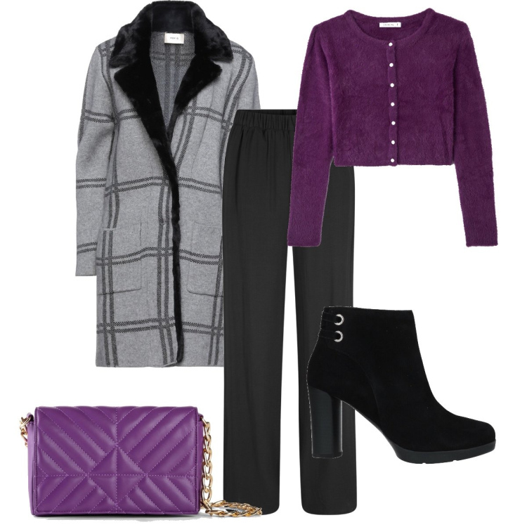 Outfit donna - Cena da amici. Stile Bon Ton per Serata fuori. Abbinamento con pantaloni, borse a mano, stivaletti, cappotti, cardigans.